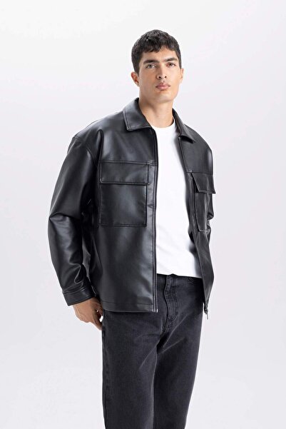 DeFacto Оверсайз-фіт сорочка з коміром Куртка зі штучної шкіри Пальто зі штучної шкіри