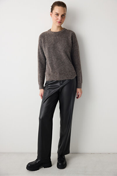 Penti Siyah Yüksek Bel Straight Deri Pantolon