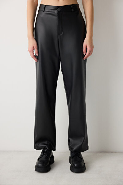 Penti Siyah Yüksek Bel Straight Deri Pantolon