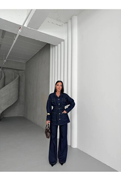 ParlaMira Women's Dark Navy Blue Denim Suit with Tie Detail