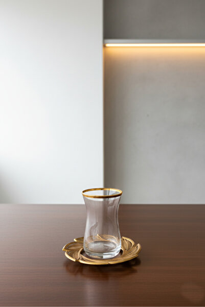 DECOSTYLE PAŞABAHÇE HEYBELİ LEAFY MODEL EL DEKORU KESME MAT GOLD DETAYLI 12 PARÇA ÇAY TAKIMI