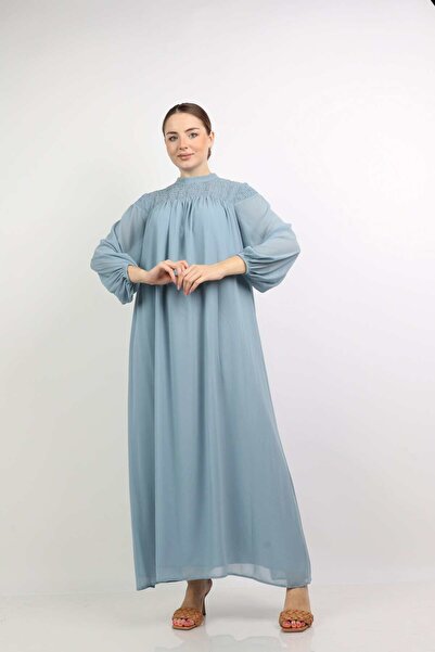 Nichii فستان ناعم طويل منسدل مع كشكشة على الصدر وأكمام طويلة -