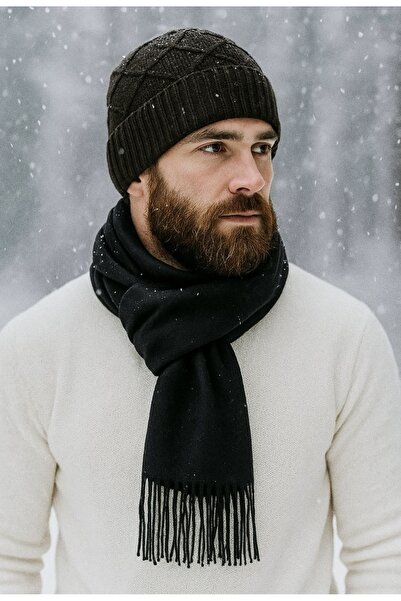 Suyutti Siyah Erkek Püsküllü Şal Triko Atkı Kalın Mevsimlik Yumuşak Mevsimlik...