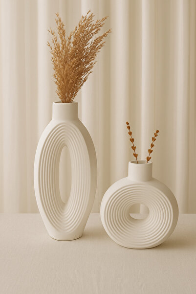 Artceal Dekoratif Çizgilli (30cm) Beyaz Vazo 2'li Set