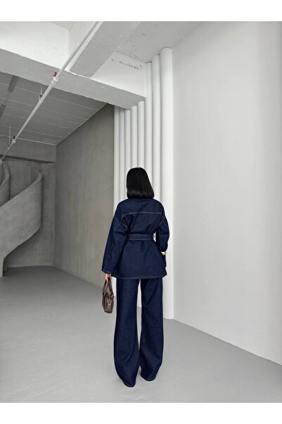 ParlaMira Women's Dark Navy Blue Denim Suit with Tie Detail