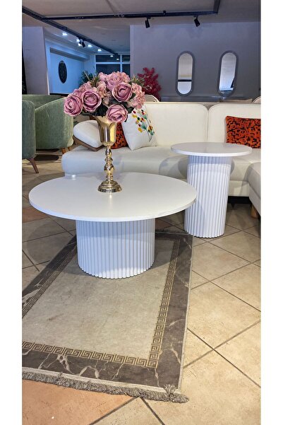 Mobilya Stant Most Bohem Orta Sehpa Beyaz 2'li Set %100 Ahşap 85 Cm. Çap (EVİ...