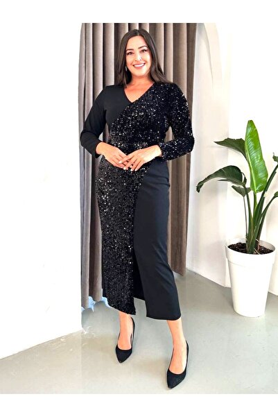 Şirin Butik Kadın Büyük Beden Kruvaze Yaka Pul Payet Detaylı  Abiye