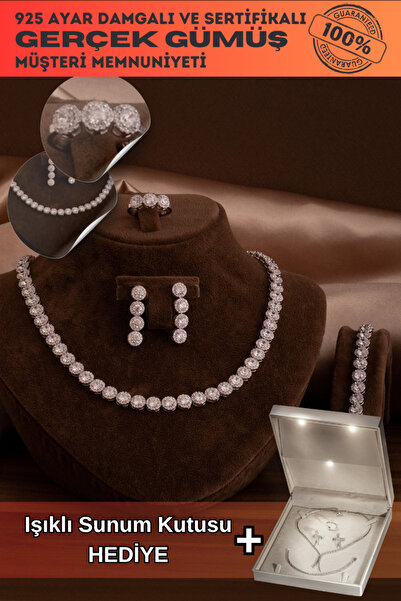 OSMANLI GÜMÜŞ Kadın Gümüş Takı Seti - Serap Yuvarlak Zirkon Taşlı Kolye Bilek...