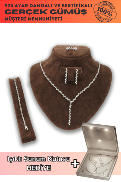 OSMANLI GÜMÜŞ Alin Gümüş Su Yolu Set - Kolye, Bileklik, Küpe, Yüzük Işıklı Ku...