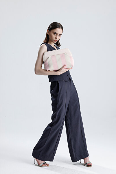 HEYBE'S Heybes Women's Pink Line Patterned Canvas Clutch Handbag