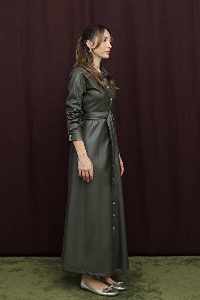 Loreen Women's Belted Leather Dress - 20709Elb - Khaki