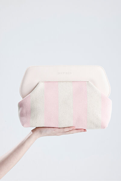 HEYBE'S Heybes Women's Pink Line Patterned Canvas Clutch Handbag
