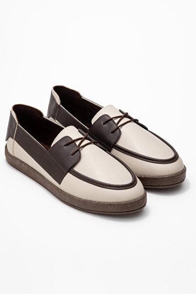 by selvi Lukka Shoes Rosa Men's Beige Garnished Faux Leather Lace-Up Loafer Daily Casual Shoes