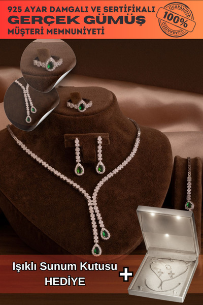 OSMANLI GÜMÜŞ Kadın Gümüş Takı Seti - Peri Zümrüt Taşlı Damla Kolye, Bileklik...
