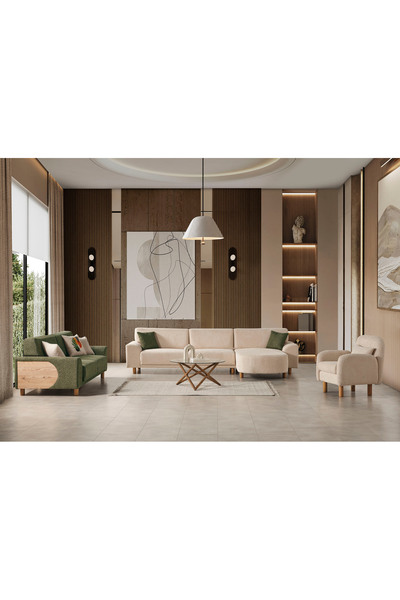 Evondi Asya Köşe Koltuk Takımı 330x180 cm Mekanizmalı Silinebilir Kumaş Ahşap Ayaklı