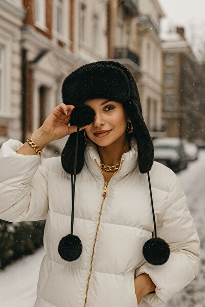 FELLMENS Siyah Suni Kürklü Kulaklıklı Peluş Kadın Bere Şapka