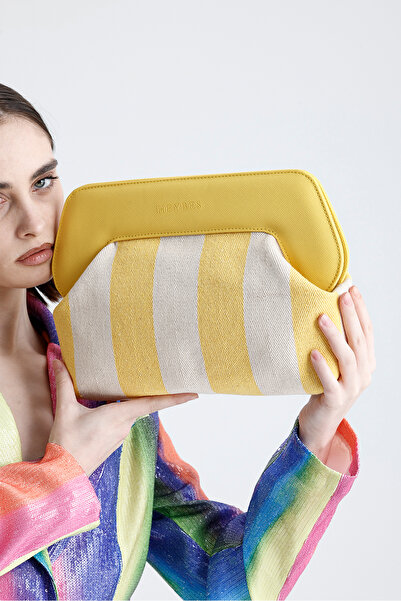 HEYBE'S Heybes Women's Yellow Line Patterned Canvas Clutch Handbag