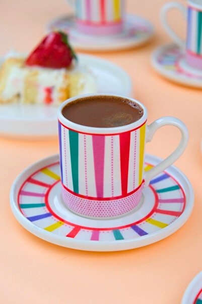 tabakevi Tabak Evi Porselen Color Stripe Kahve Fincan Takımı 90cc 2 Kişilik 4 Parça