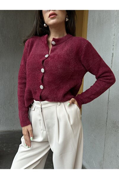 minaaise Women's Burgundy Soft Textured Cardigan with Stone Button Detail 5559