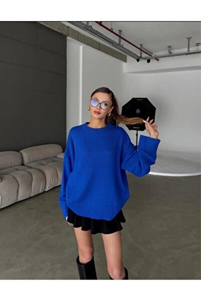 MODASPARK Saks Mavi Bisiklet Yaka Oversize Kadın Triko Kazak