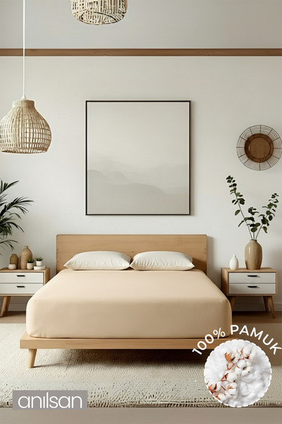 Anılsan Plain Beige Elastic Ranforce Bed Sheet 100% Cotton Single/Double Size Home, Hotel Bed Sheet