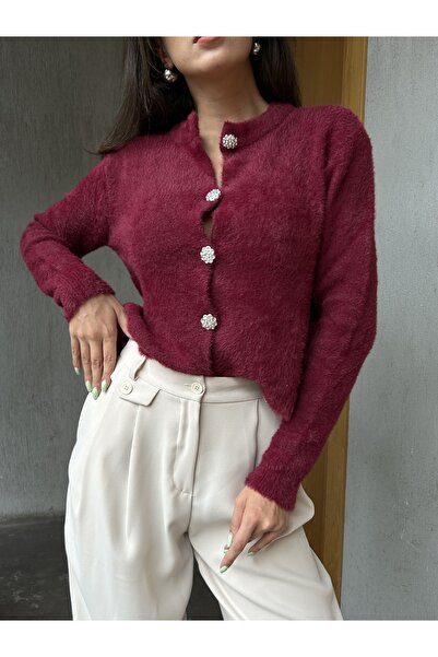 minaaise Women's Burgundy Soft Textured Cardigan with Stone Button Detail 5559
