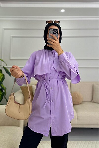 HİFADEN Women's Cape with Belt Detail, High Neck Hijab Shirt, Length: 1.67 Kg...