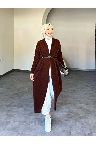 demet's collection Seli̇n Long Belted Oversize Knitwear Wool Cardigan