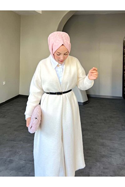 demet's collection Seli̇n Long Belted Oversize Knitwear Wool Cardigan