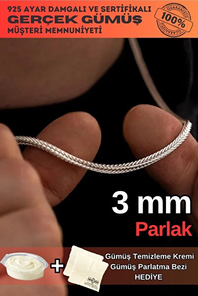 OSMANLI GÜMÜŞ Kalın Erkek Kolye - 3mm Gümüş Beyaz Tilki Kuyruğu Model Kolye