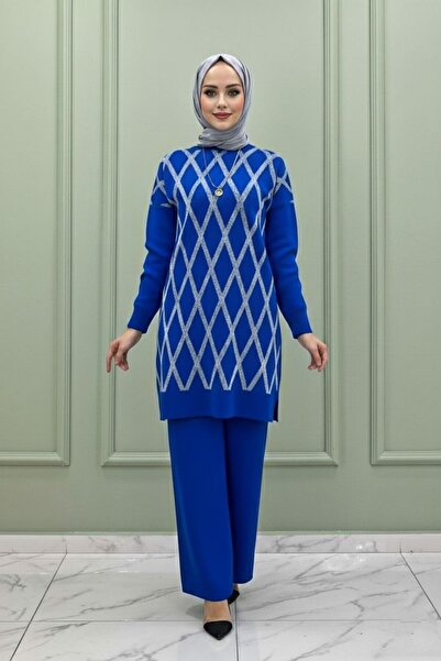 Mercan Müjgan Tri̇ko Takim Islamic Clothing Comfortable Winter Top and Bottom Two-Piece Set Saks Blue