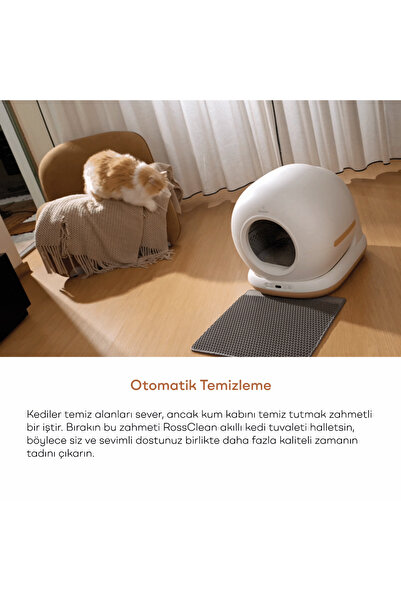 RossClean Akıllı Kedi Tuvaleti Pro 72L Koku Kartuşlu-Led Aydınlatmalı-App Uygulamalı-Uv Temizleme