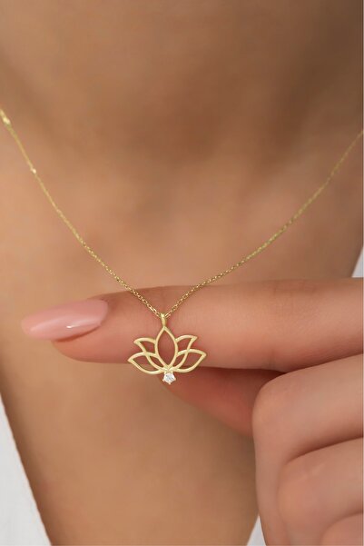 klas gümüş Lotus Çiçeği Figürlü Gold Kolye-925 Ayar Gümüş