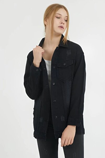 Lixera Boyfriend Siyah Salaş Tırnaklı Jean Kot Ceket