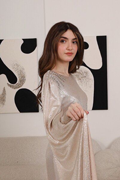 Generic Long beige evening gown with silver sequins and long sleeves with luxurious crystal embroidery