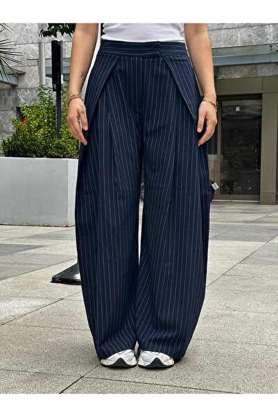 Anastasias Atelier SILVY Kadın Pileli Çizgili Yüsek Bel Lacivert Kumaş Pantolon