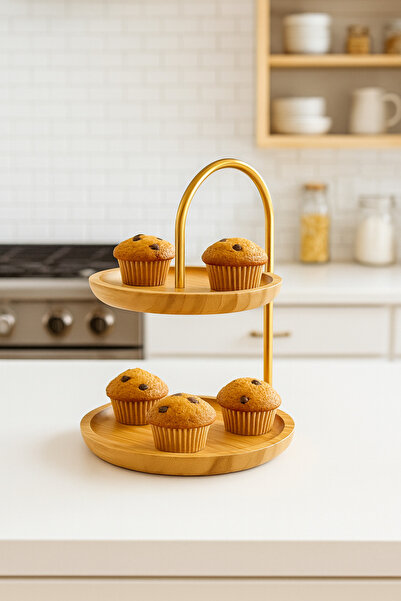 ERKUGO Bamboo 2 Tier Stand - Presentation Set, Decorative and Gold Color