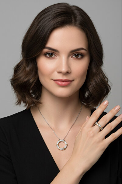 Bijuty Kadın X Kolye ve Yüzük Set - Gümüş Renk 2'li Takı Set (SÜRPRİZ HEDİYELİ)