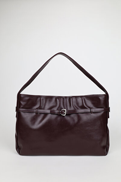 NOTHING Women's Plum Leather Belt Detailed Zipper Closure Hand and Shoulder Bag Sona