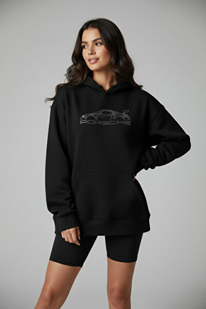 BRF Collection Women's Oversize Stone Embroidered Porsche Hoodie + Surprise Jewelry - Black