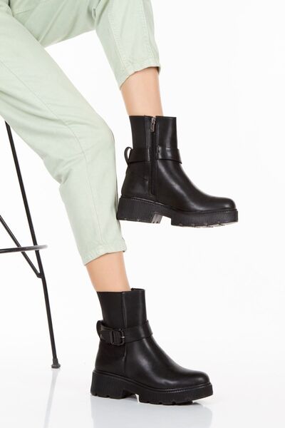 Limeo Μαύρη πόρπη Λεπτομερής φερμουάρ στην πλάτη Stretch Δερμάτινη εμφάνιση Καθημερινά γυναικεία μποτάκια