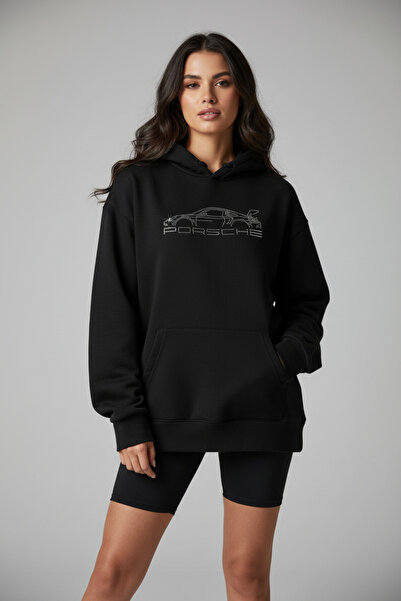 BRF Collection Women's Oversize Stone Embroidered Porsche Hoodie + Surprise Jewelry - Black