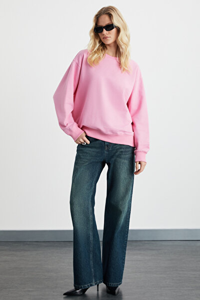 GRIMELANGE Karıus Kadın Organik Pamuklu Içi Polarlı Oversize Yuvarlak Yakalı Pembe Sweatshirt