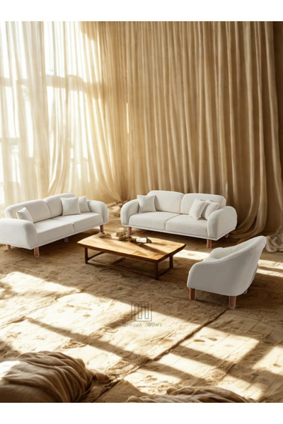 LİNOVAHOME Bouclé Bohem Model Koltuk Takımı 3+3+1 Ekru Renk