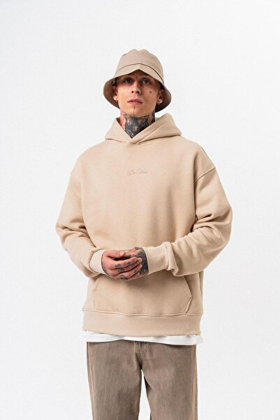 Respire Erkek Da Vinci Baskılı Kapüşonlu Oversize Hoodie Bej