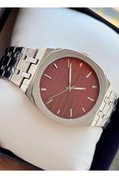 Weluxa Silver Color Claret Dial Steel Band 40mm Small Case Men's Wristwatch