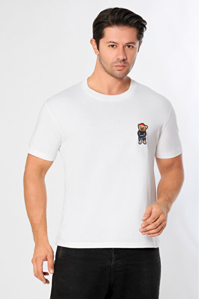 CNT Men's Oversize Crew Neck T-Shirt 100% Cotton Comfortable Fit Tedy Teddy Bear Detail - Daily Basic Tshirt