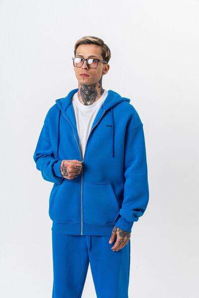 Respire Erkek Yazı Detaylı Kapüşonlu Basic Zip Oversize Hoodie Mavi