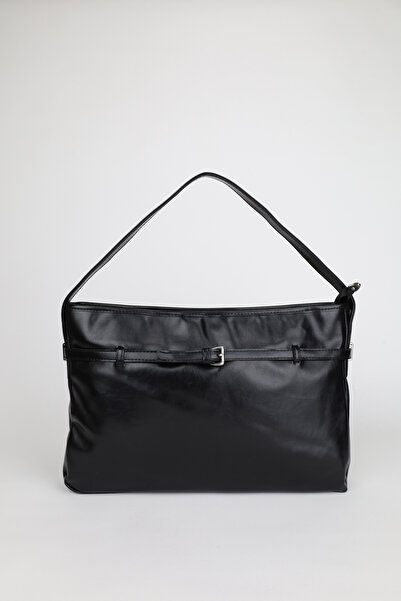 NOTHING Women's Black Leather Belt Detailed Zipper Closure Hand and Shoulder Bag Sona