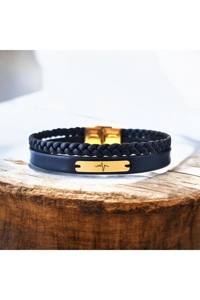 ARCHINO GOLD 14 Ayar Plakalı Altın Hakiki Derili Dikdörtgen Figürlü Erkeklere Özel Bileklik-386kalp-siyah